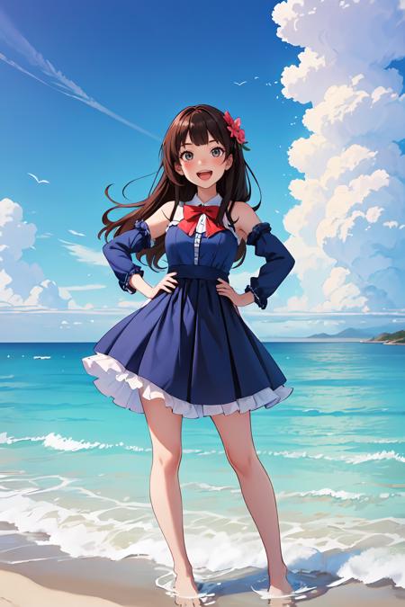 437793-2582199836-masterpiece,best quality,dramatic, 1girl, solo, long hair, brown hair, detached sleeves, open mouth, smile, outdoors, water, sky.png